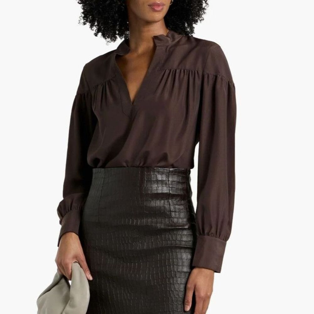 FRAME Blouse XS Brown Gathered Satin-Crepe Split V Neck Long Sleeve Dressy Top